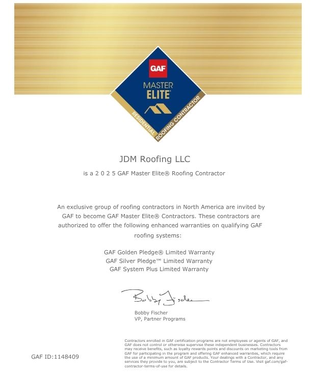 Master Elite Certificate for JDM Roofing
